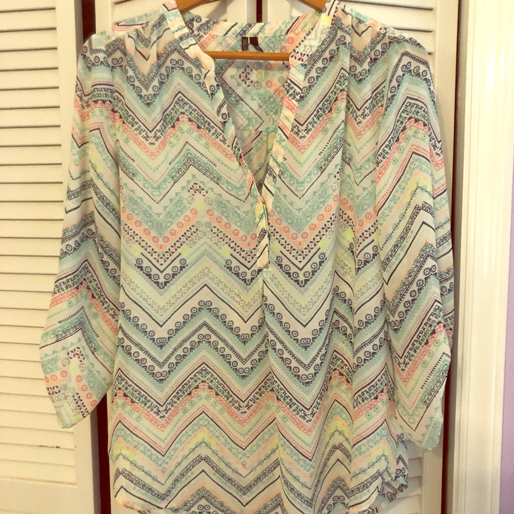 🌸Fun, multi pastel print sheer, LS blouse 🌸